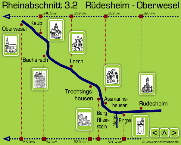 Landkarte Rheinlauf Rdesheim, Bingen, Assmannshausen, Lorch, Bacharach, Kaub und Oberwesel am Rhein.