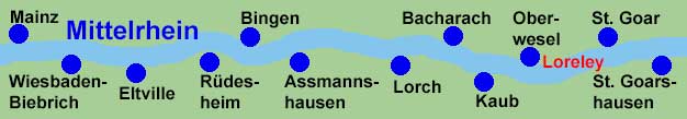 Rheinschifffahrt zwischen St. Goarshausen, St. Goar, Oberwesel, Kaub, Bacharach, Lorch, Assmannshausen, Bingen, Rdesheim, Eltville, Wiesbaden-Biebrich und Mainz.