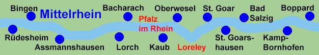 Rheinschiffahrt zwischen Rdesheim, Bingen, Assmannshausen, Lorch, Bacharach, Kaub, Oberwesel, St. Goar, St. Goarshausen, Bad Salzig, Kamp-Bornhofen und Boppard.