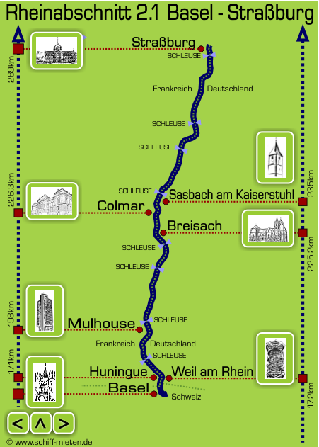 Landkarte Basel Huningue Weil am Rhein Village-Neuf Kembs Mulhouse Breisach Colmar Sasbach Kaiserstuhl Straßburg