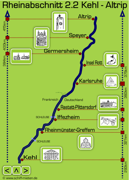 Landkarte Kehl Rheinmünster-Greffern Iffezheim Rastatt-Plittersdorf Karlsruhe Insel Rott Hochstetten Germersheim Rheinhausen Altlußheim Speyer Altrip