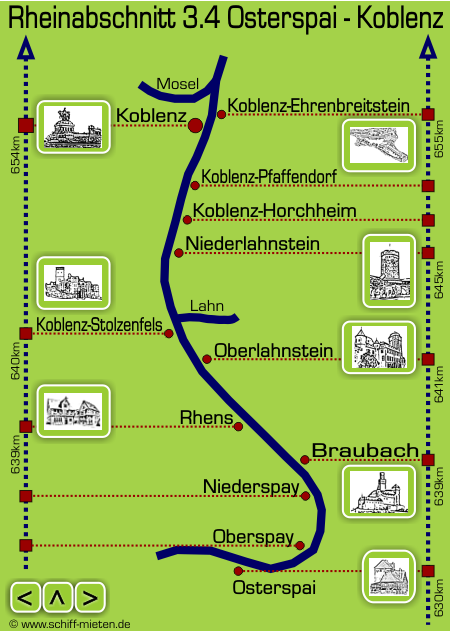 Landkarte Rheinschiffahrt Koblenz Rhein - Braubach Mittelrhein