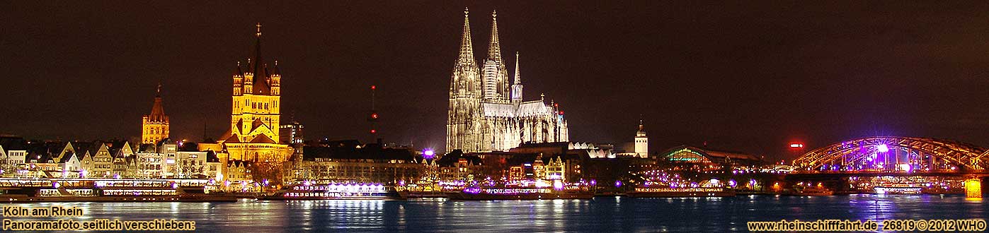 Rheinschifffahrt Partyschiff-Abendfahrt mit Buffet, Getrnken, DJ-Musik und Tanz an Bord bei Kln. Panoramafoto, Panorama, Panoramaufnahme