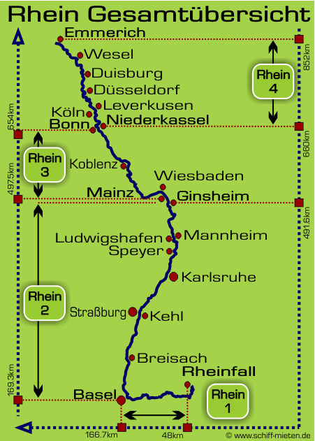 Rheinverlauf vom Rheinfall bei Schaffhausen bis Emmerich. Rheinlauf Rhein Karte Landkarte Plan Schifffahrt