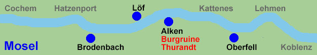 Moselschifffahrt zwischen Brodenbach, Löf, Alken, Burgruine Thurandt und Oberfell.