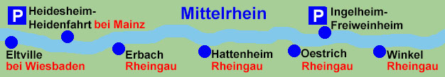 Rheinschifffahrt zwischen Winkel, Ingelheim-Freiweinheim, Oestrich, Hattenheim, Erbach, Eltville (bei Wiesbaden) und Heidesheim-Heidenfahrt (bei Mainz).