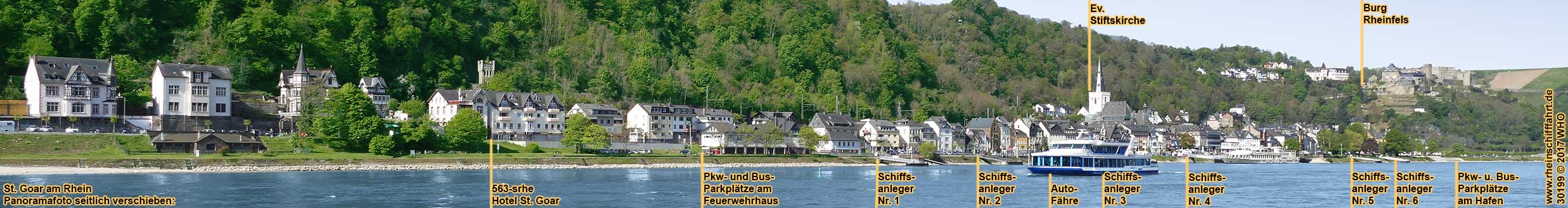 St. Goar am Rhein mit Burg Rheinfels. Panoramafoto mit Schiffsanlegern.