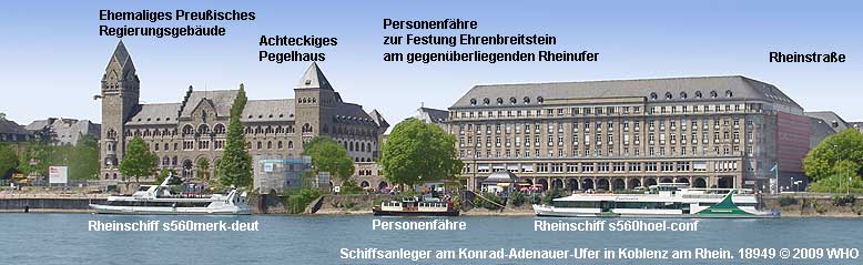 Rheinschifffahrt bei Koblenz am Rhein. Schiffsanleger am Konrad-Adenauer-Ufer.