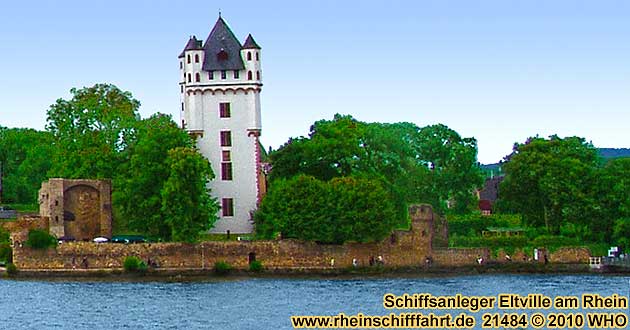 Schiffsanleger Eltville im Rheingau. Rheinschifffahrt zwischen Rheingau und Rheinhessen zwischen Oestrich-Winkel bzw. Ingelheim-Freiweinheim und Eltville rund um die Naturschutzinsel Mariannenaue